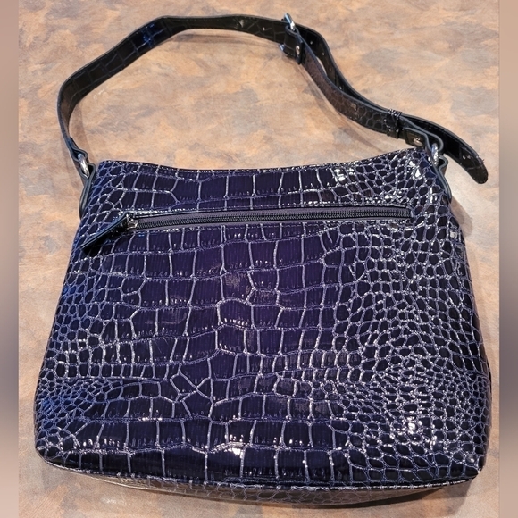 JESSICA Faux Patent Leather Bag, Dark Blue Croc Pattern, Adjustable Strap - Picture 7 of 16